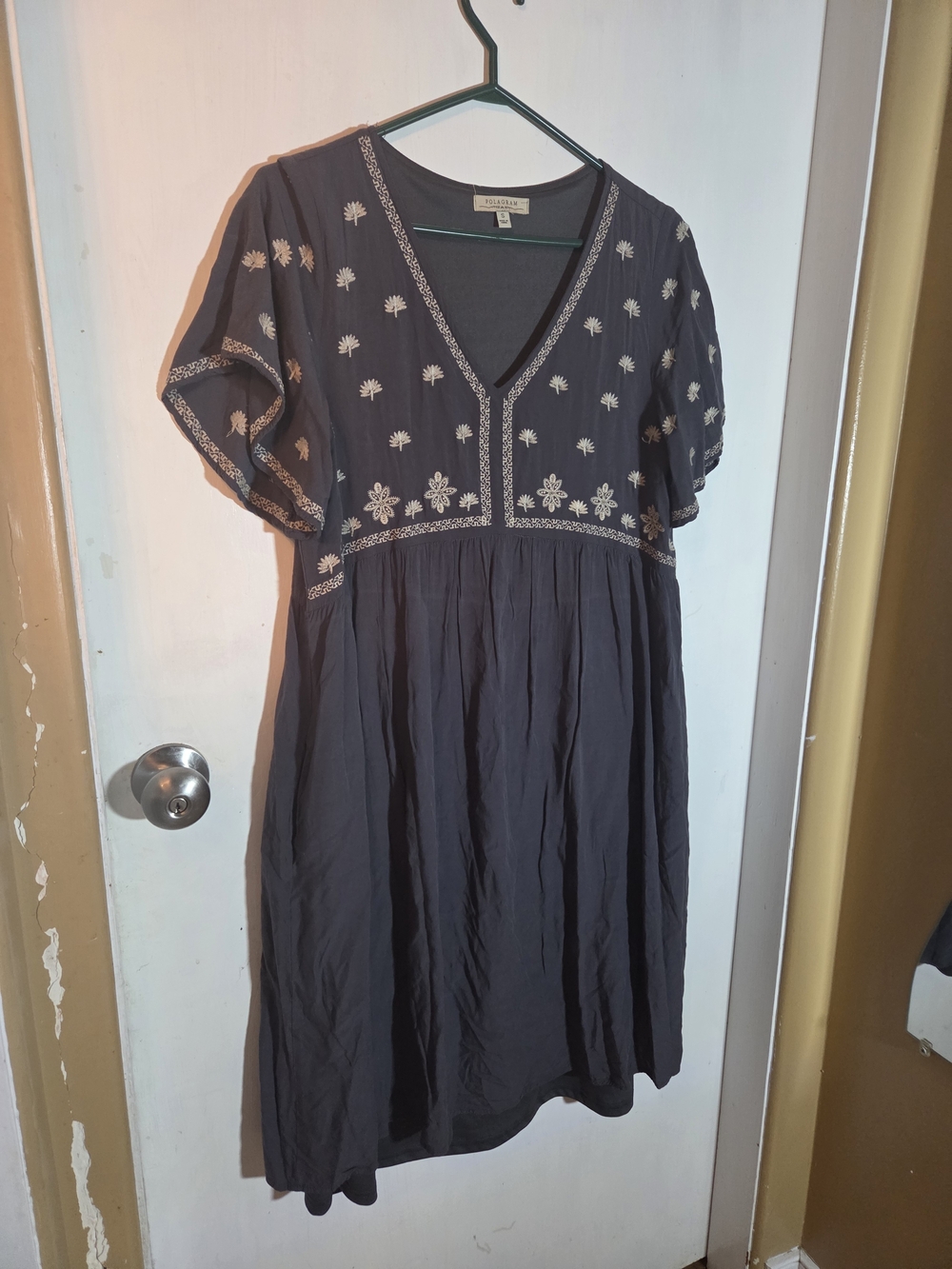 Polagram grey Midi Dress with Cream Embroidery Accents